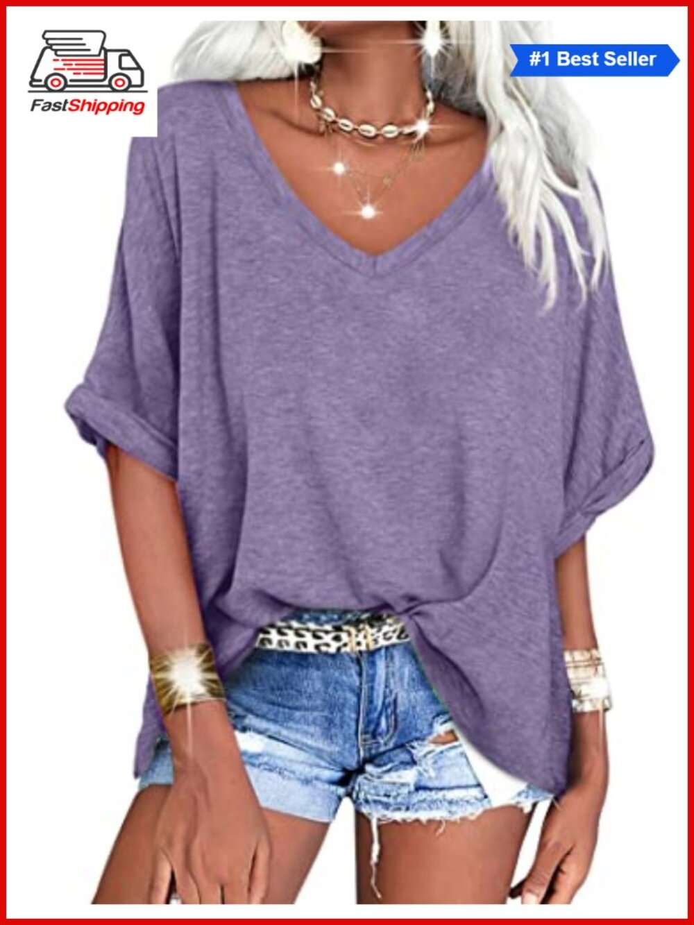 Oversized V Neck Short Sleeve Summer Tee Rolled Sleeves Casual Top